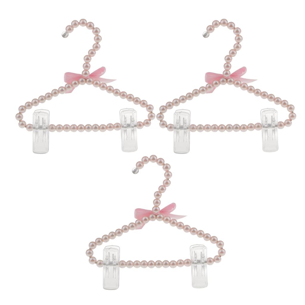 3Pcs 20cm Pearl Beaded Clothes Hanger Trousers Dress Holder with Clip Pink