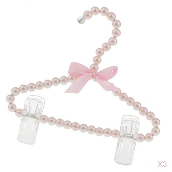 3Pcs 20cm Pearl Beaded Clothes Hanger Trousers Dress Holder with Clip Pink