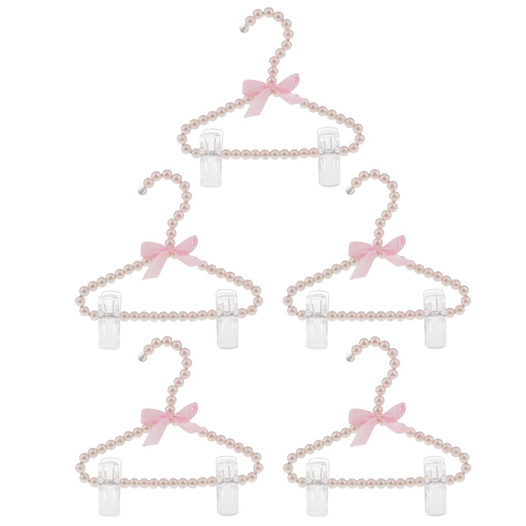 5Pcs 20cm Pearl Beaded Clothes Hanger Trousers Dress Holder with Clip Pink