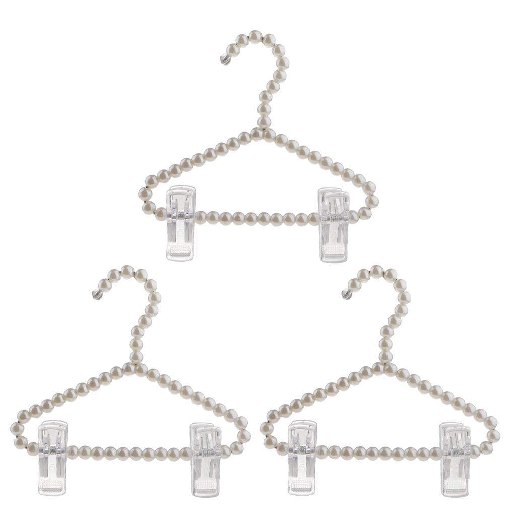 3Pcs 20cm Pearl Beaded Clothes Hanger Trousers Dress Holder with Clip White