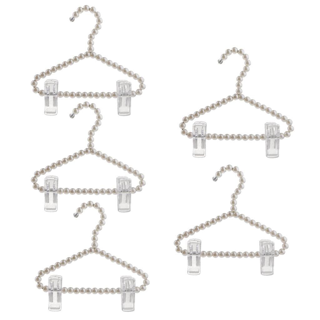 5Pcs 20cm Pearl Beaded Clothes Hanger Trousers Dress Holder with Clip White