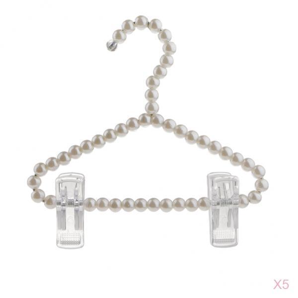 5Pcs 20cm Pearl Beaded Clothes Hanger Trousers Dress Holder with Clip White