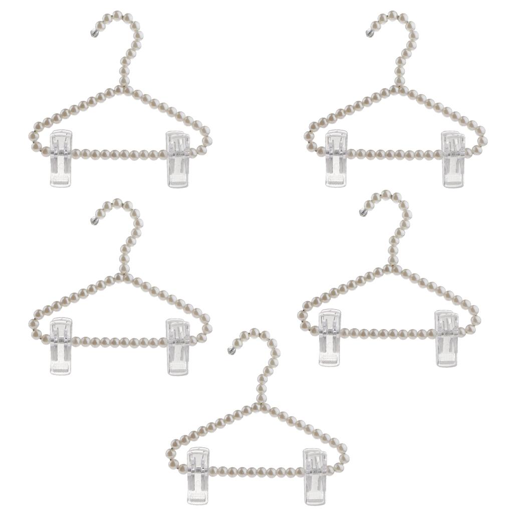 5Pcs 20cm Pearl Beaded Clothes Hanger Trousers Dress Holder with Clip White