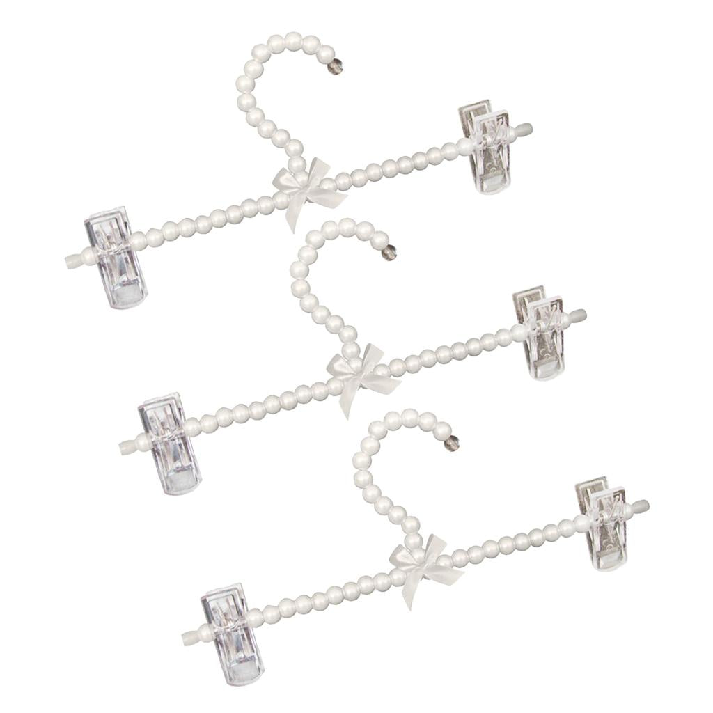 3Pcs 30cm Pearl Beaded Clothes Pants Hanger Trousers Holder with Clip White