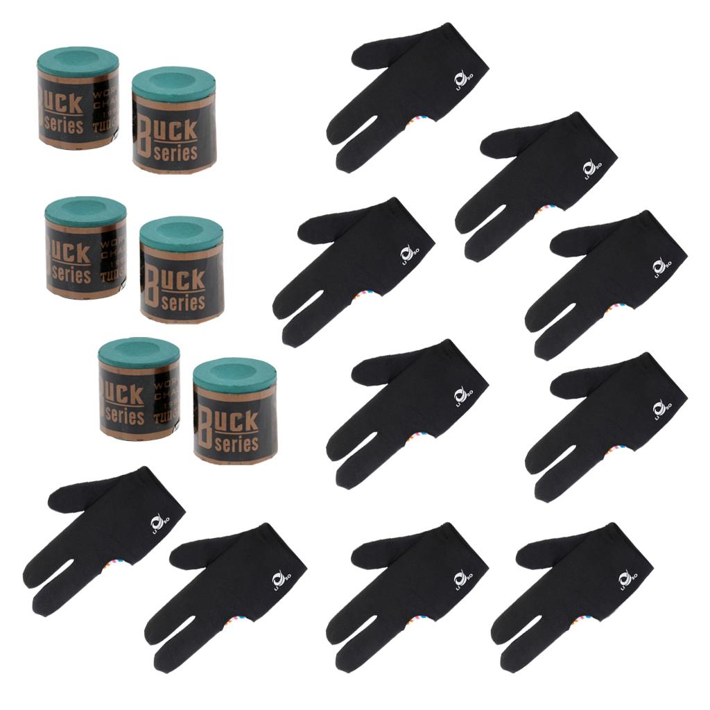 6 Snooker Pool Cue Tip Table Billiard Chalk + 10pcs 3 Finger Billiards Glove