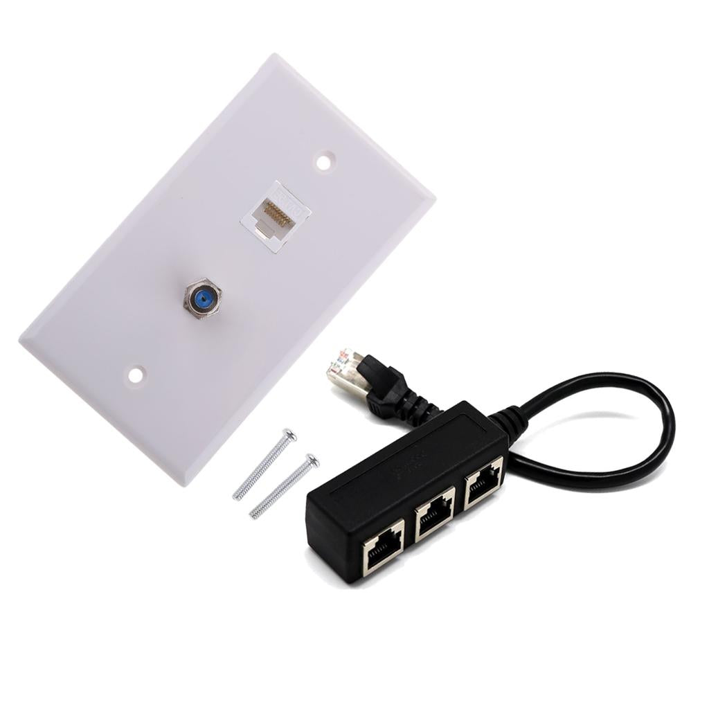 Coaxial F Connector Ethernet Wall Plate+RJ45 1 to 3 Network Splitter