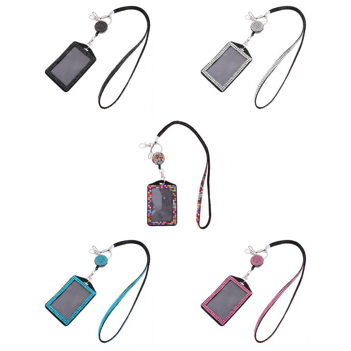 5x Rhinestone Lanyard with Retractable Reel Vertical ID Badge Holder