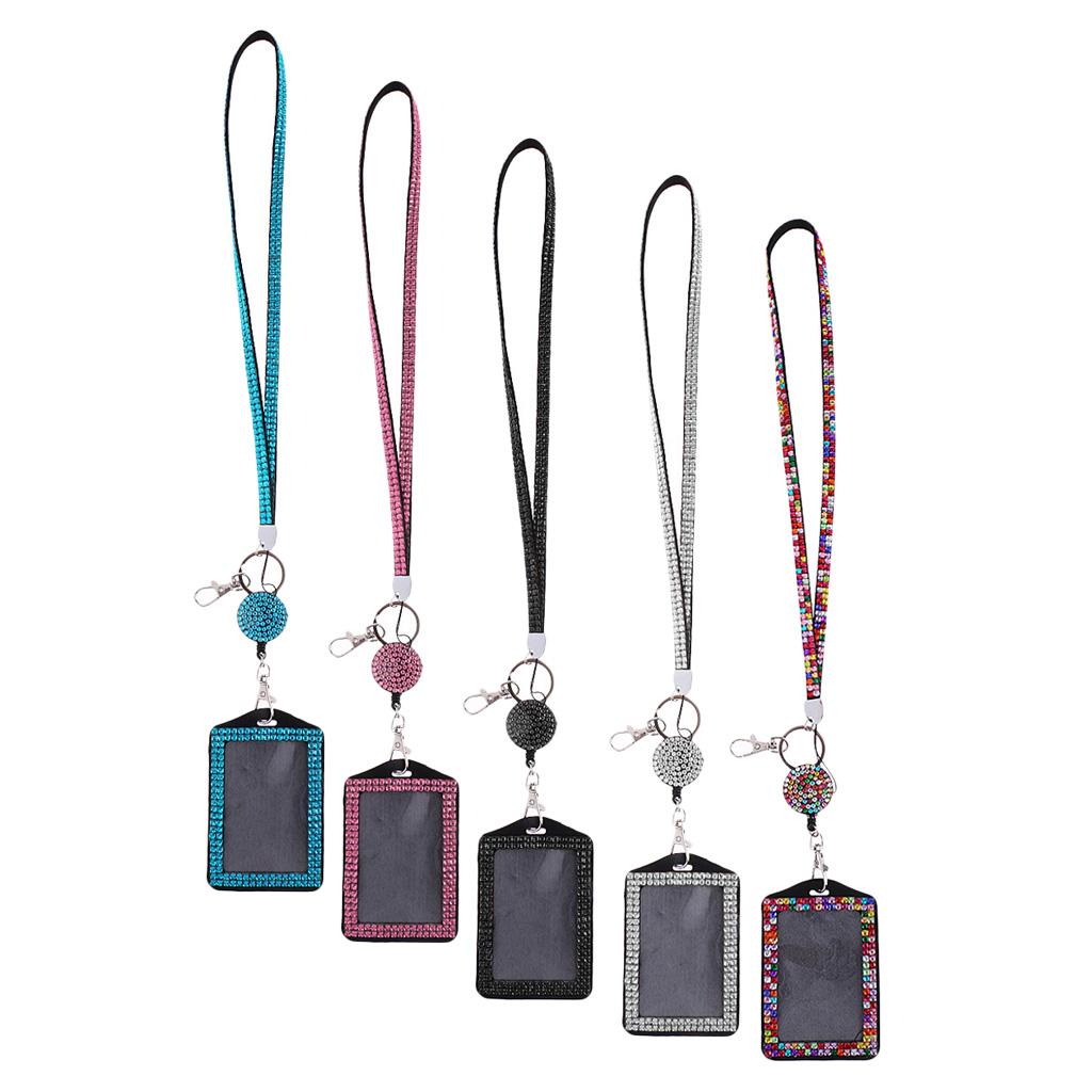 5x Rhinestone Lanyard with Retractable Reel Vertical ID Badge Holder