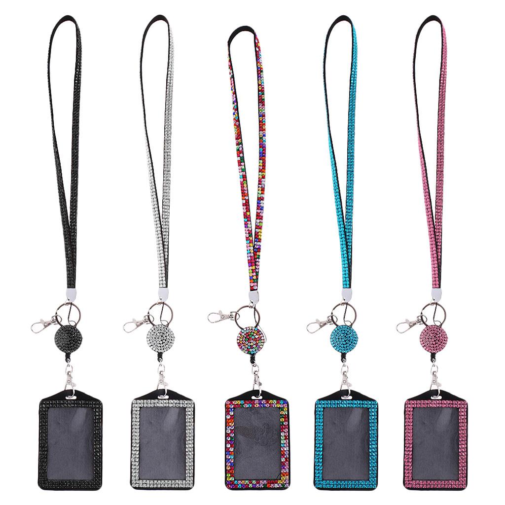 5x Rhinestone Lanyard with Retractable Reel Vertical ID Badge Holder
