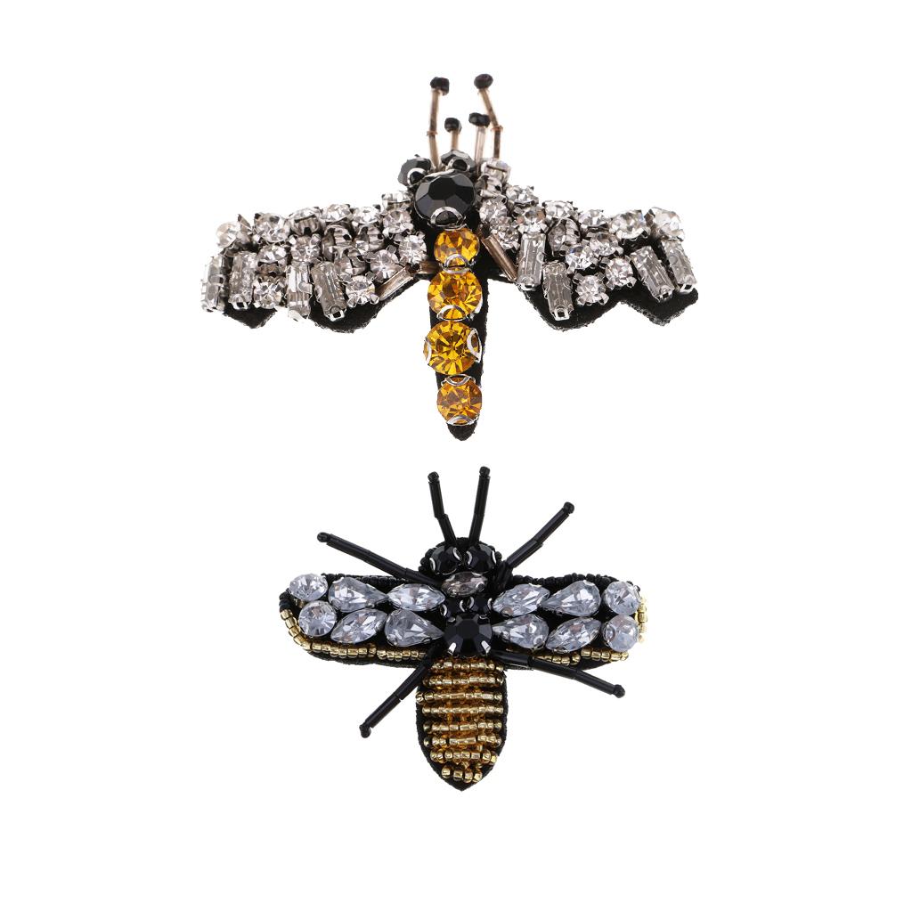 2pcs Bee Dragonfly Rhinestones Beads Patches Sew on Patch Applique DIY Decor