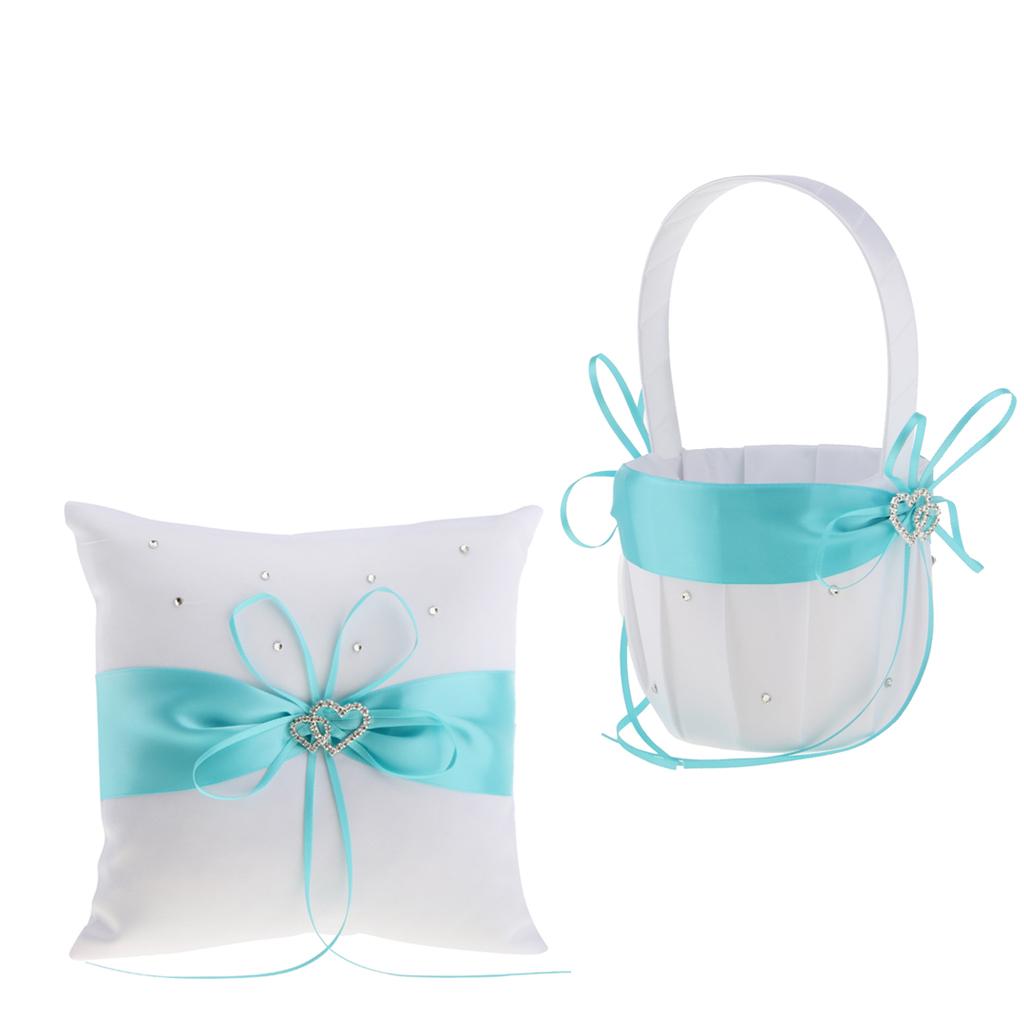 2pcs Wedding Ceremony Satin Double Heart Ring Pillow Flower Girl Basket Set