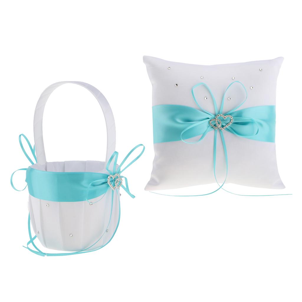 2pcs Wedding Ceremony Satin Double Heart Ring Pillow Flower Girl Basket Set