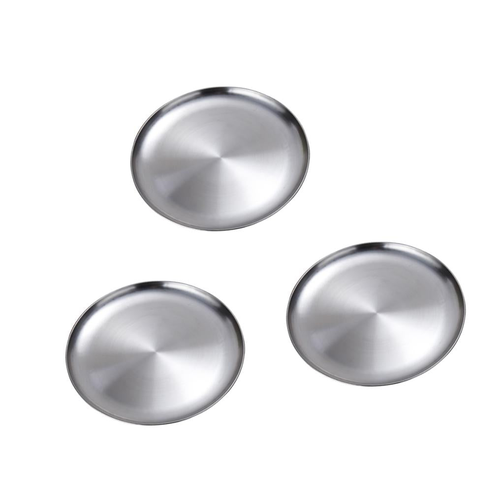 3 pieces Stainless Steel Flat Dish plate Double Insulated Thick Platter 14cm