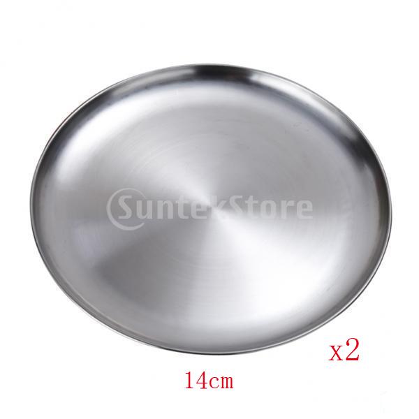 2x Stainless Steel Flat Dish plate Double Insulated Thick Platter 14cm