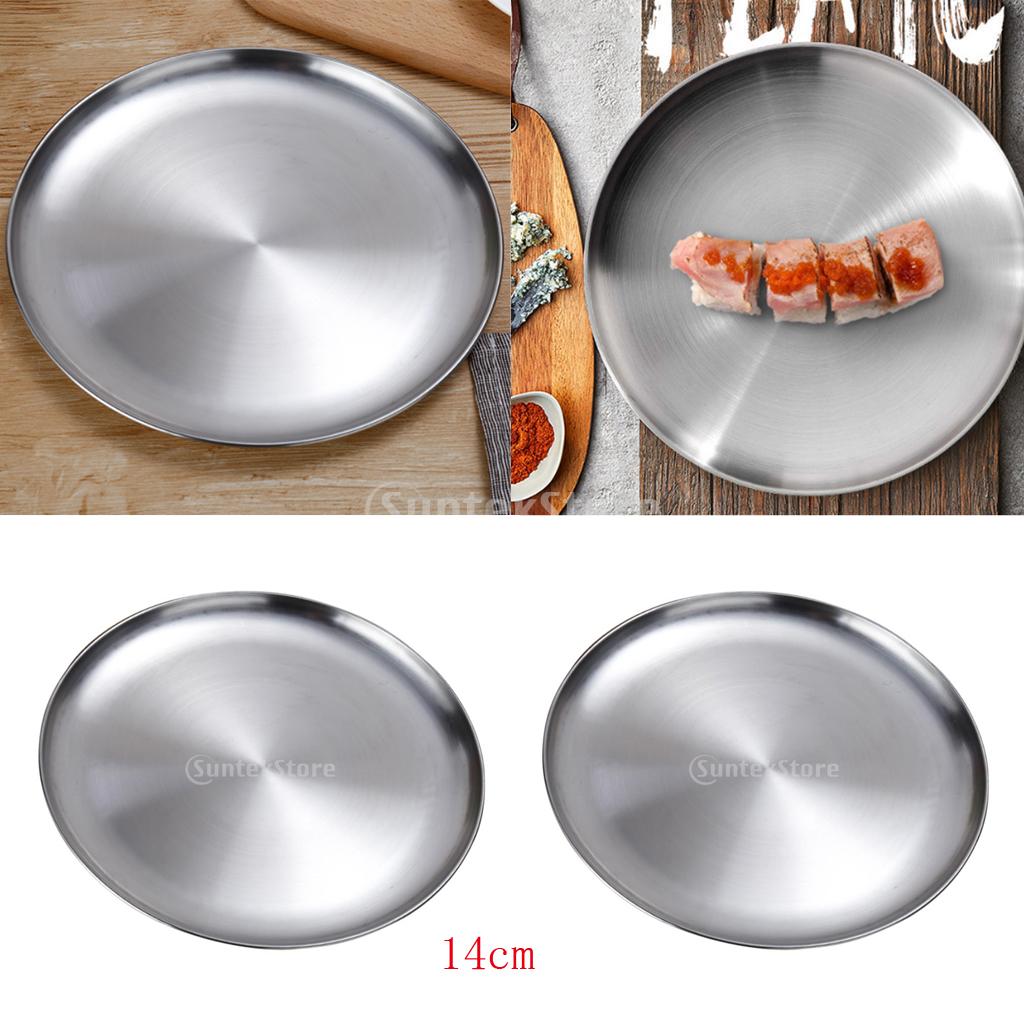 2x Stainless Steel Flat Dish plate Double Insulated Thick Platter 14cm