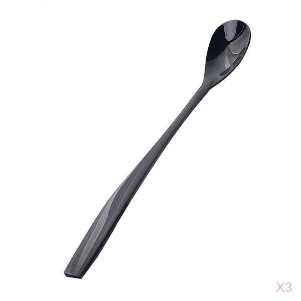3pcs Stainless Steel Long Handle Spoon for Ice Cream Sundae Coffee Black
