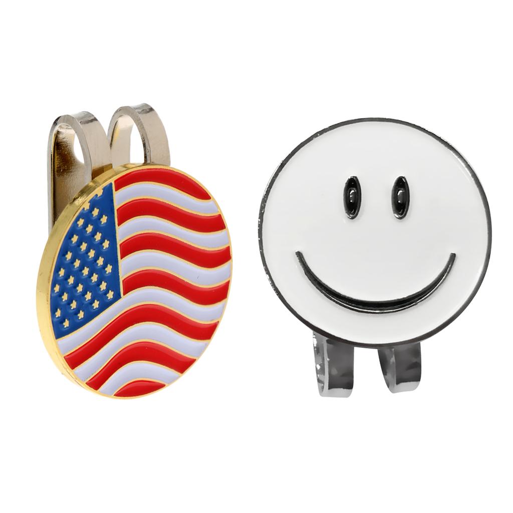 2 Pieces Smile Face and America Flag Golf Ball Marker with Magnetic Hat Clip