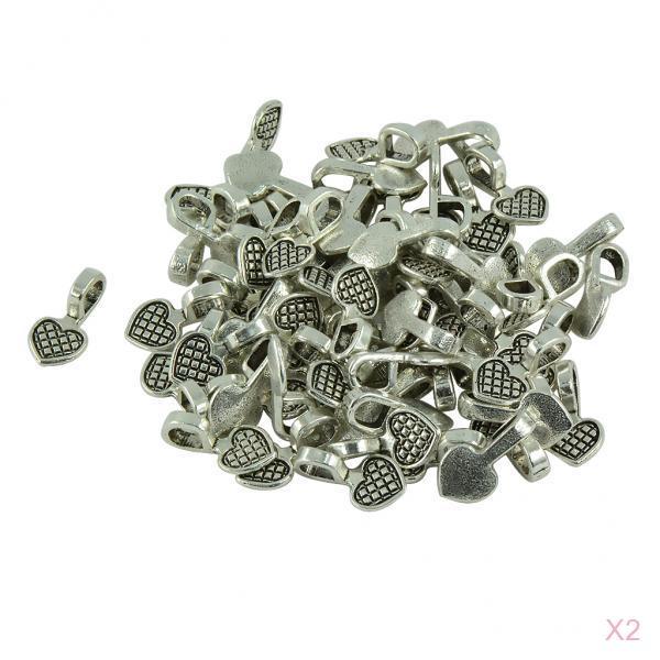 200pcs Tibetan Silver Heart Glue on Bails Setting For Necklaces Pendant Loop