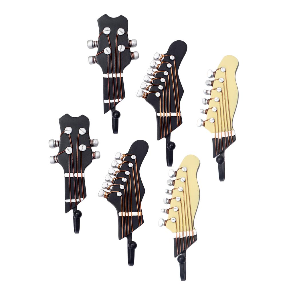 6PCS Guitar Heads Music Home Resin Clothes Hat Hanger Hook Wall Mounted