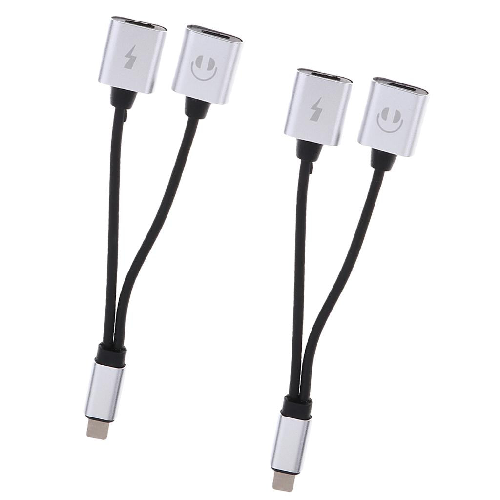 2 Pieces Double Jack Headphone Audio + Charging Adapter for iPhone Silver