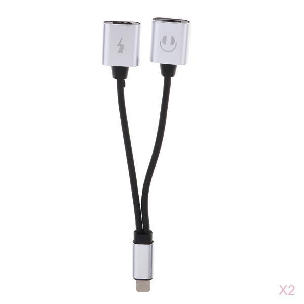 2 Pieces Double Jack Headphone Audio + Charging Adapter for iPhone Silver