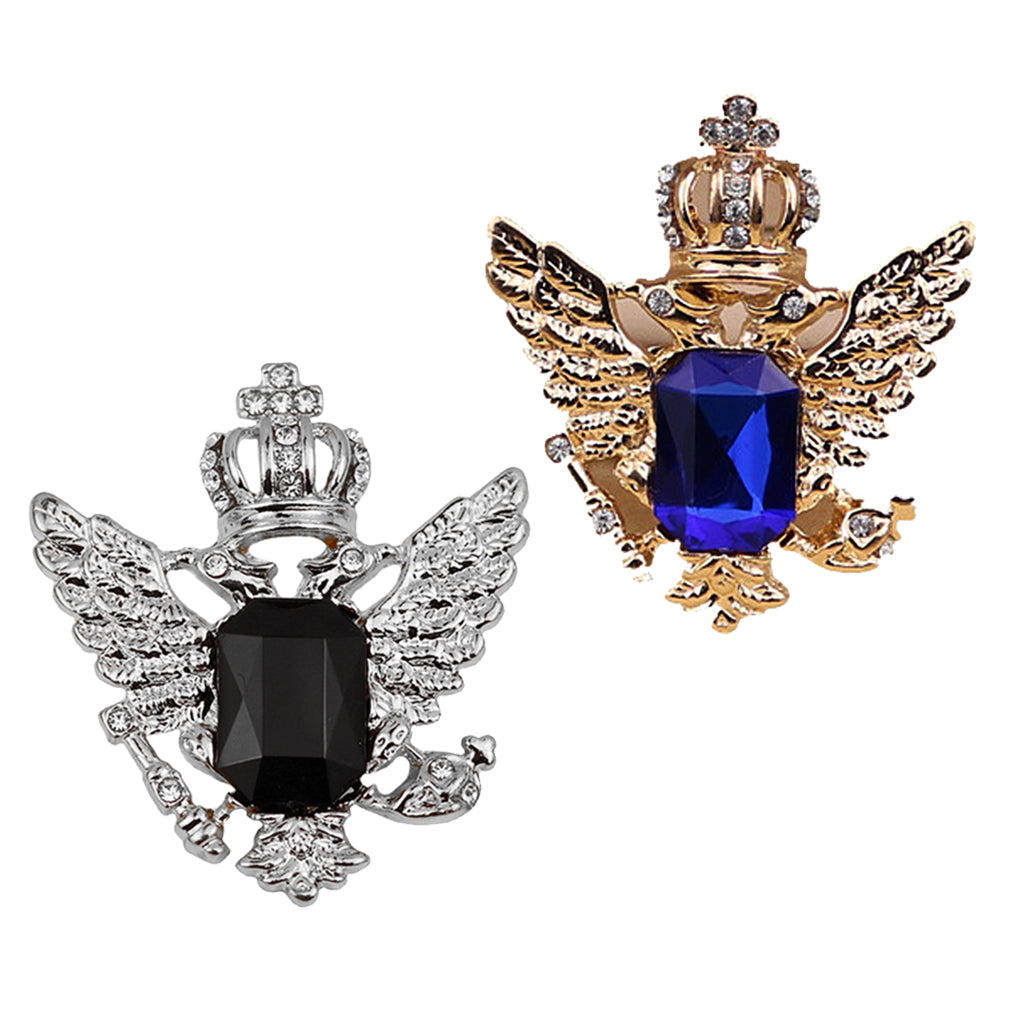 2pcs Vintage Blue/Black Rhinestone Crown Eagle Collar Brooch Pin for Men