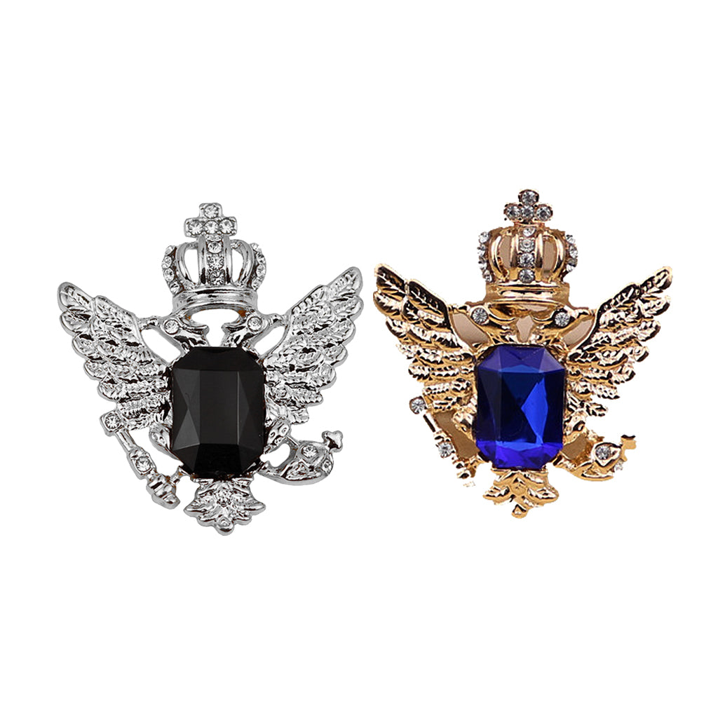 2pcs Vintage Blue/Black Rhinestone Crown Eagle Collar Brooch Pin for Men