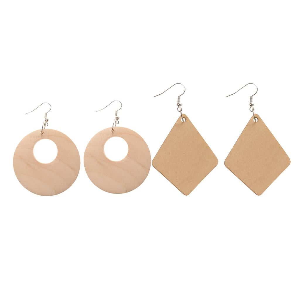 2 Pairs Ethnic Wood Geometric Rhombus Round Hollow Hook Earrings Art Craft