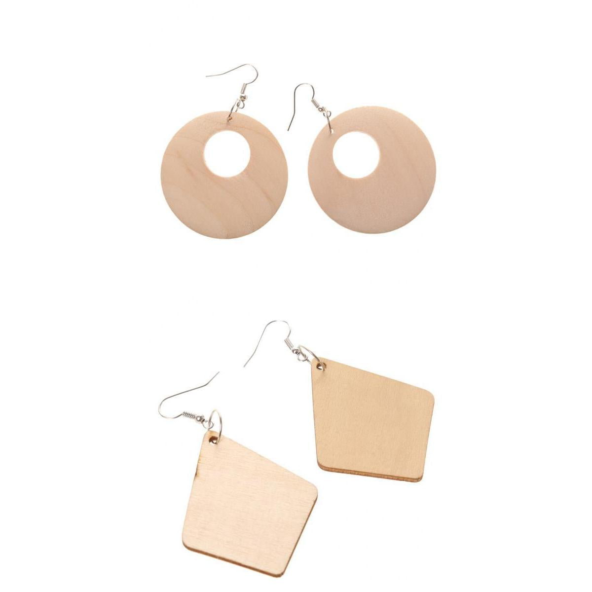 2 Pairs Ethnic Wood Geometric Rhombus Round Hollow Hook Earrings Art Craft