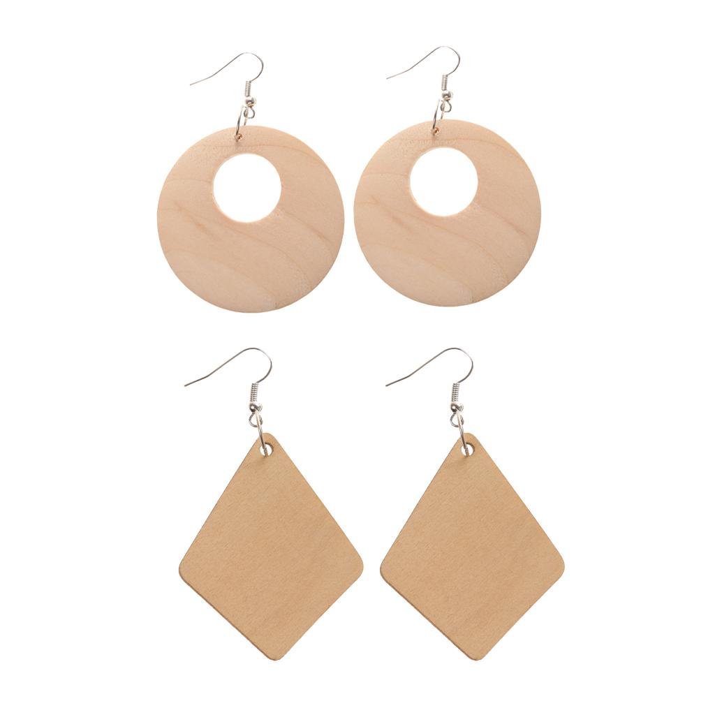 2 Pairs Ethnic Wood Geometric Rhombus Round Hollow Hook Earrings Art Craft