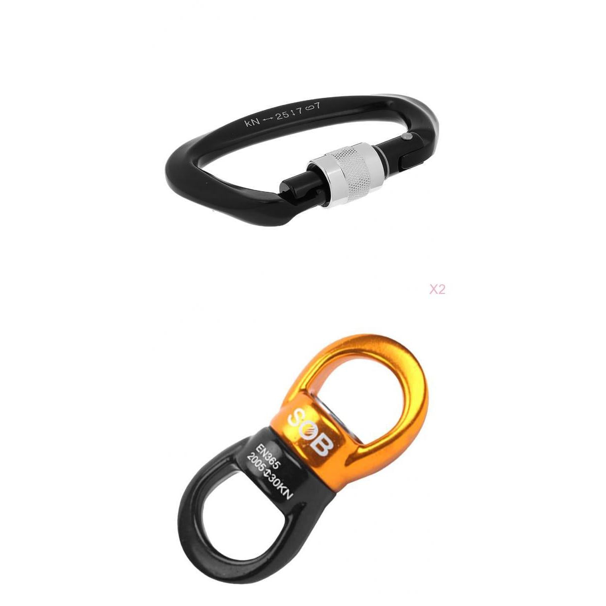 1 Pair Climbing 25KN Screw Lock Carabiner+ 30KN Swivel Ring Rotary Connector
