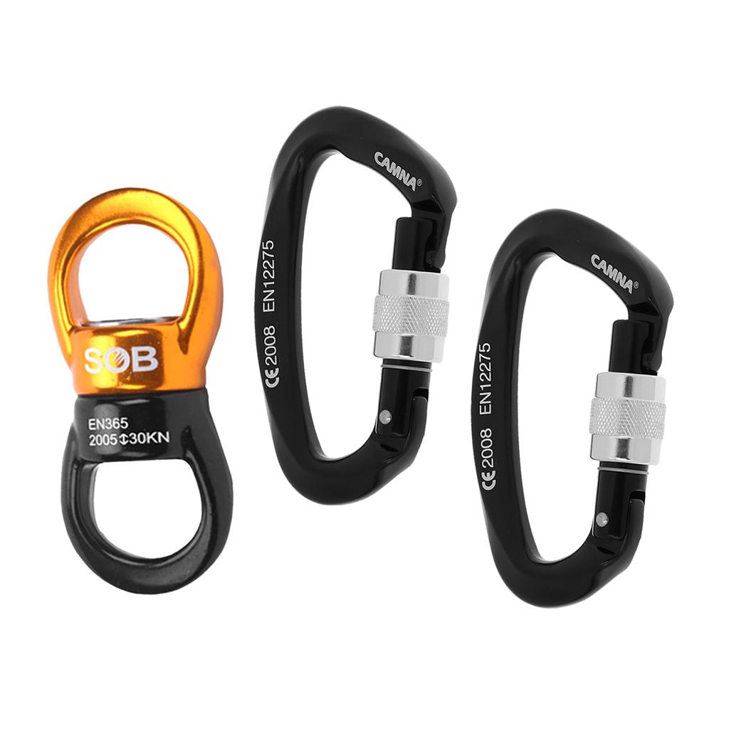 1 Pair Climbing 25KN Screw Lock Carabiner+ 30KN Swivel Ring Rotary Connector