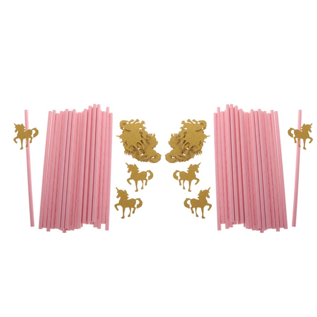 50x Pink Paper Straws with Glitter Gold Unicorn for Kid Birthday Party Decor