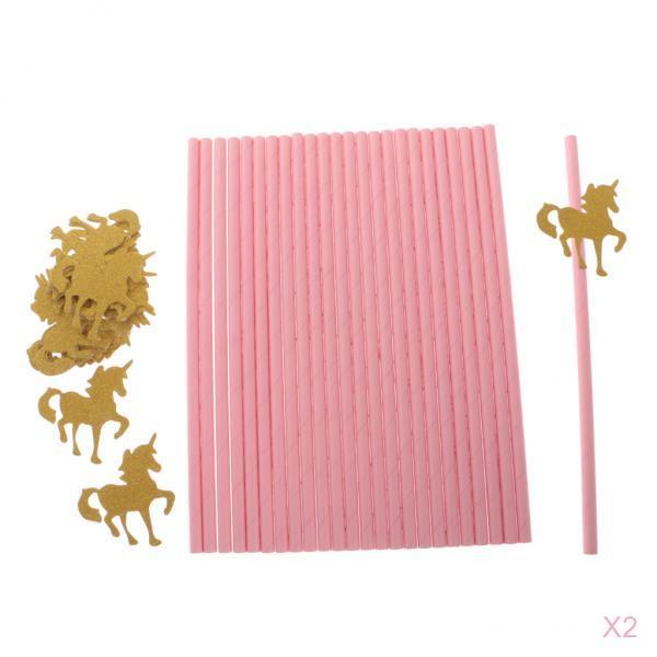 50x Pink Paper Straws with Glitter Gold Unicorn for Kid Birthday Party Decor
