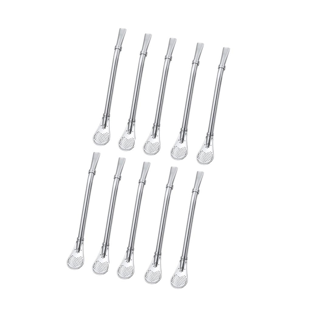 10 Pcs Stainless Steel Drinking Straw Spoon Infuser 15.7cm Teaspoon Silver