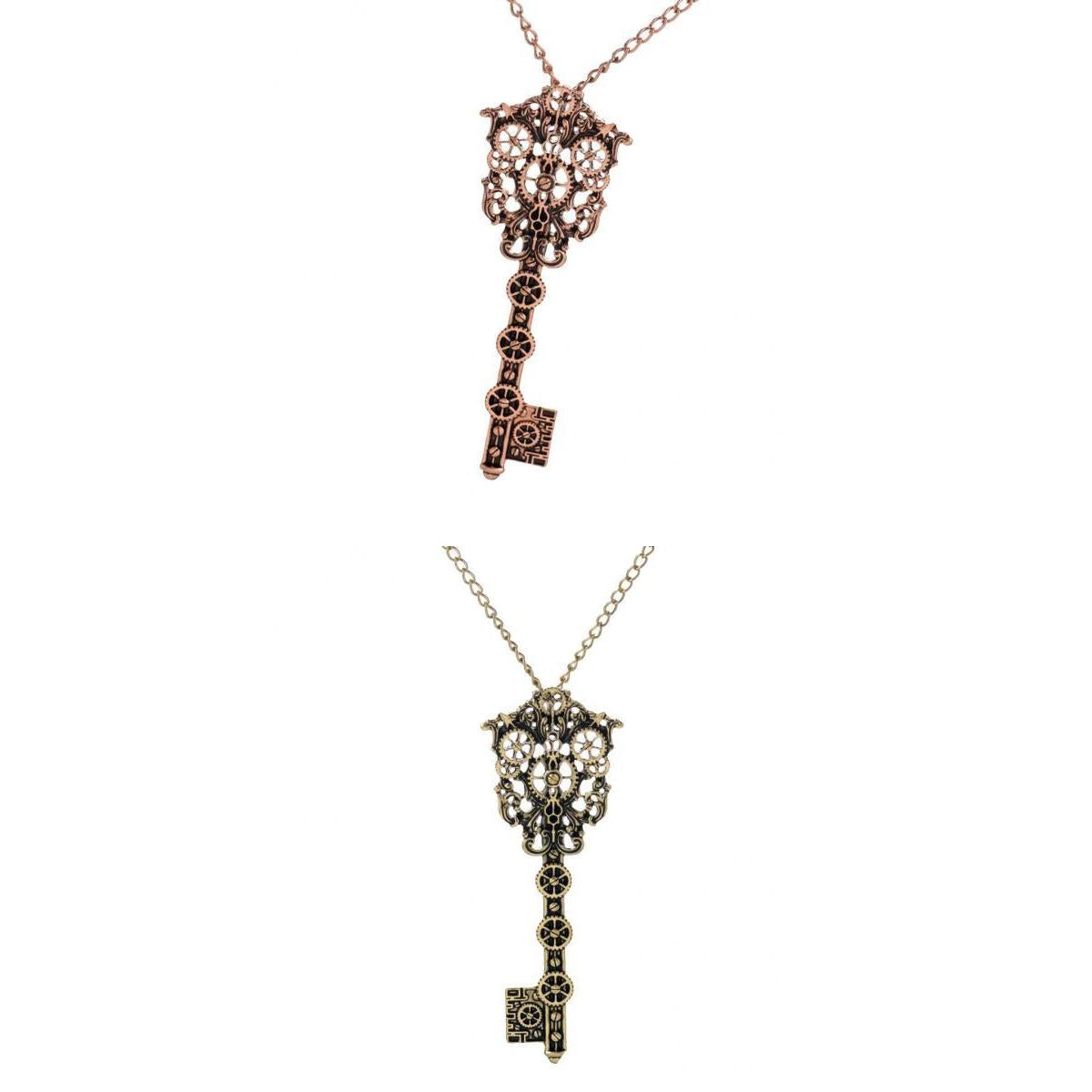 2pcs Vintage Filigree Skeleton Key Gear Cog Steampunk Chain Pendant Necklace