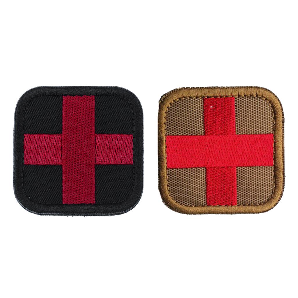 2Pcs Hook Loop Medic First Aid Red & Black Cross Patch 50 x 50mm
