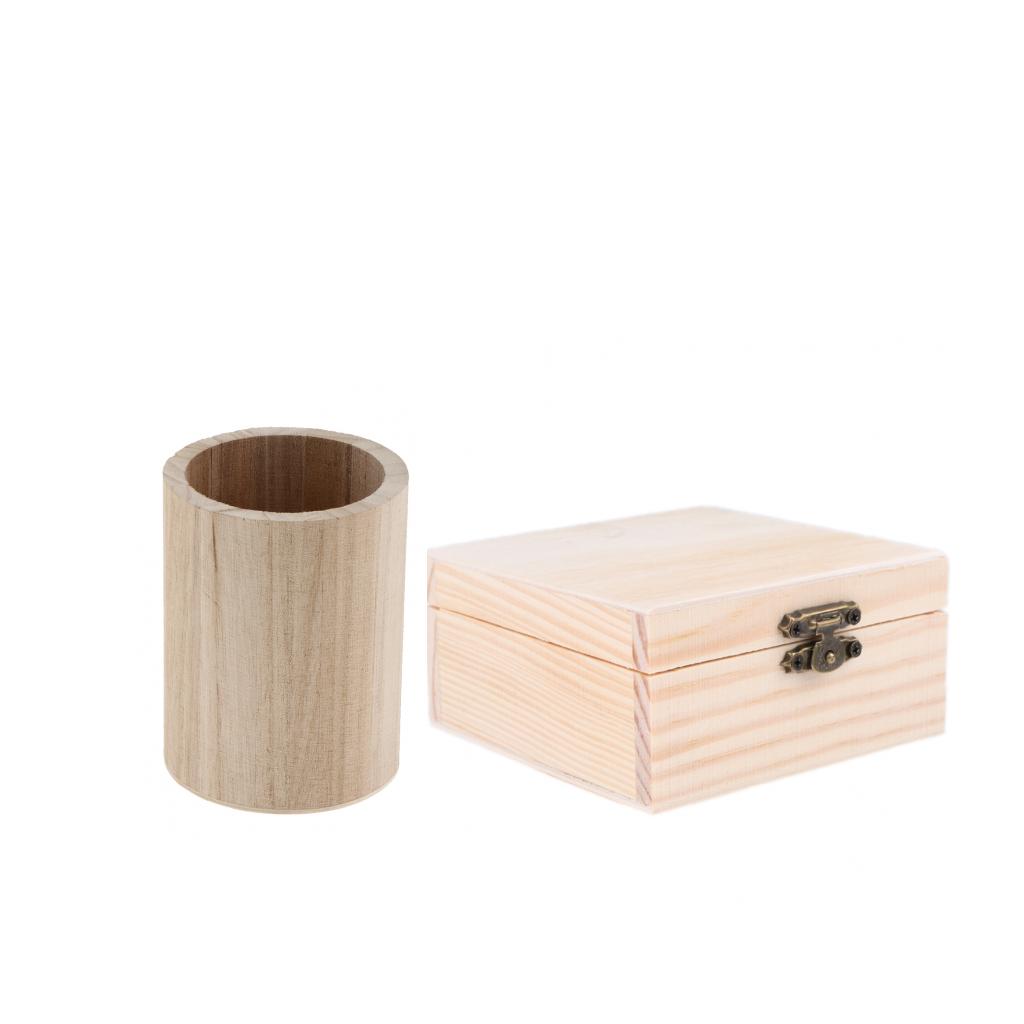 2 Pcs Unfinished Wooden Pen Container and Jewel Box for Kids Painting Crafts