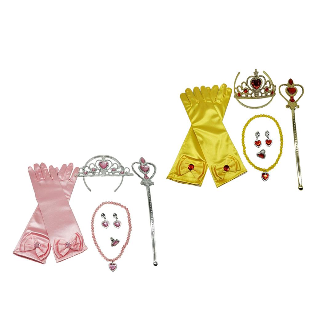 2 Sets Princess Belle Dress Costume Accessory Glove Wand Tiara Jewelry Set