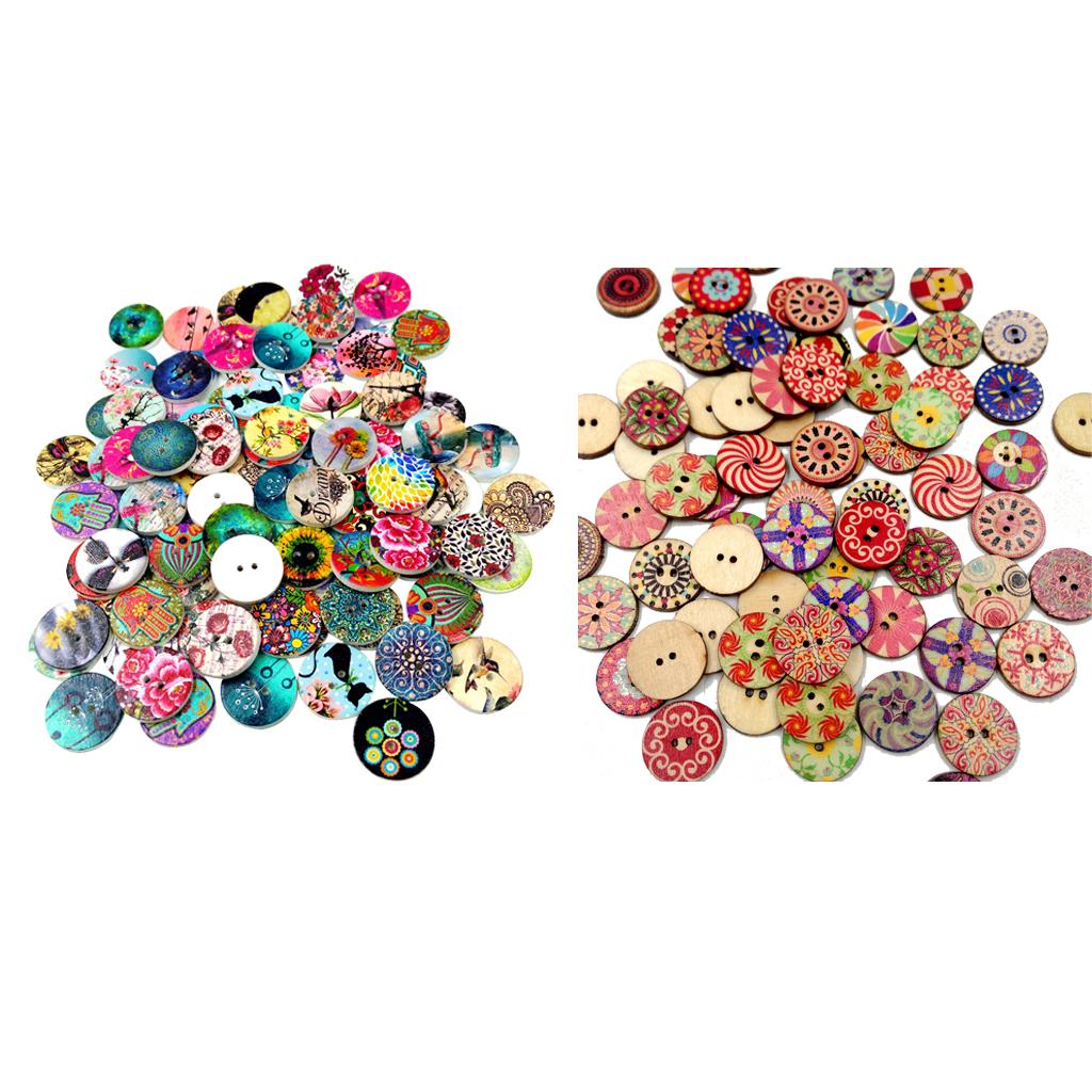 200pcs Mixed Wooden 2 Holes Painted Sewing Buttons Craft DIY Scrapbooking