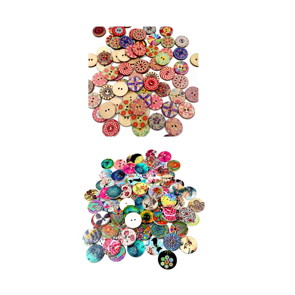 200pcs Mixed Wooden 2 Holes Painted Sewing Buttons Craft DIY Scrapbooking
