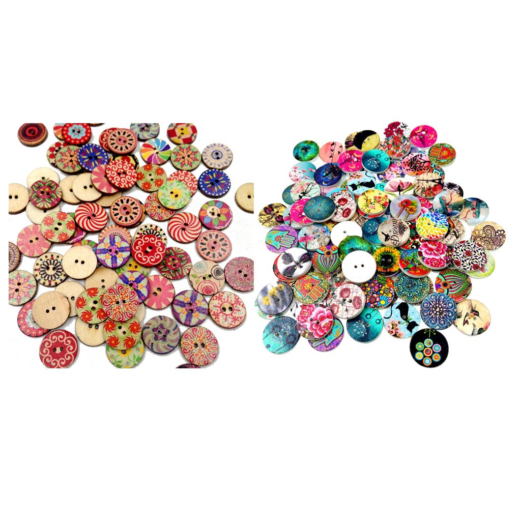 200pcs Mixed Wooden 2 Holes Painted Sewing Buttons Craft DIY Scrapbooking