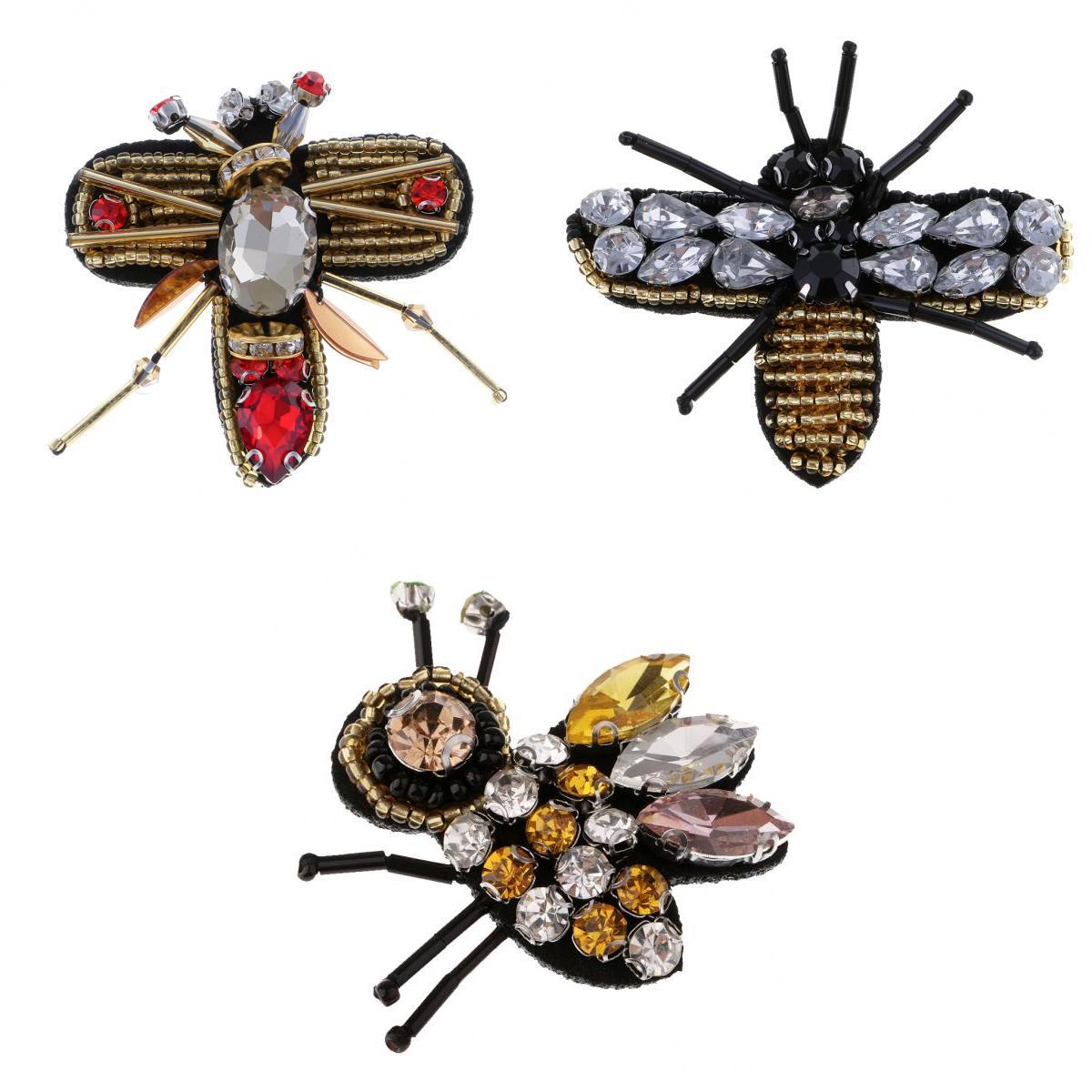 3pcs Bee Sequins Rhinestones Beaded Patches Sew on Patch Appliques Decor