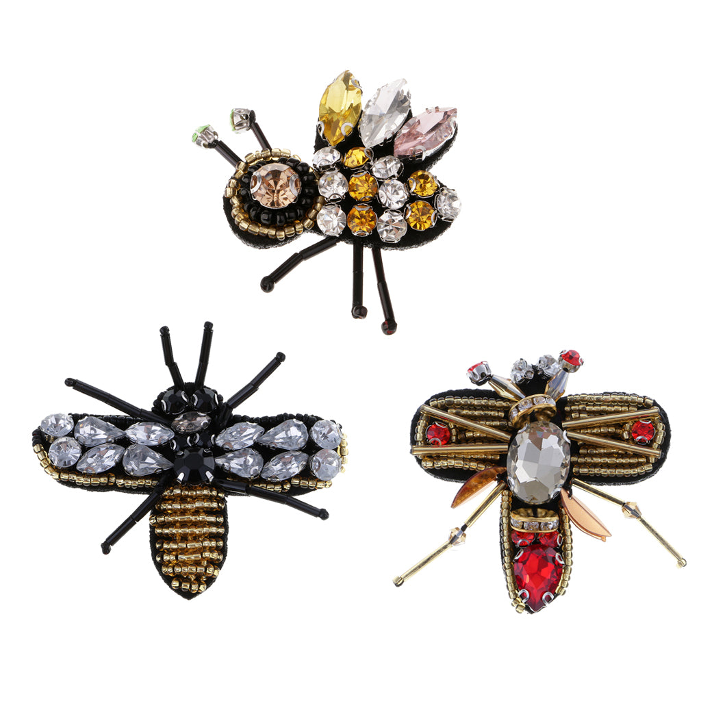 3pcs Bee Sequins Rhinestones Beaded Patches Sew on Patch Appliques Decor