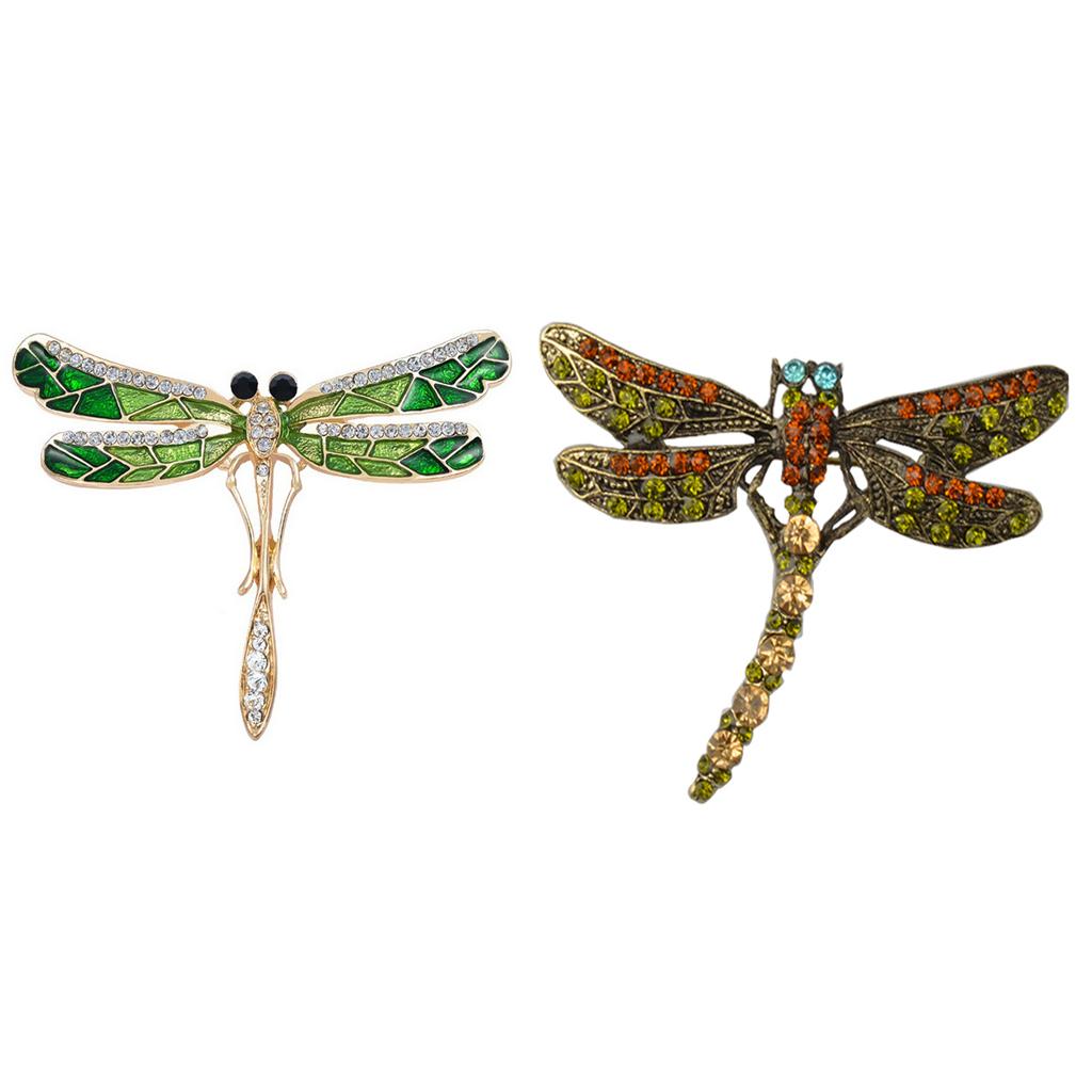 2 Pieces Vintage Crystal Rhinestone Dragonfly Brooch Pin Insect Jewelry Gift