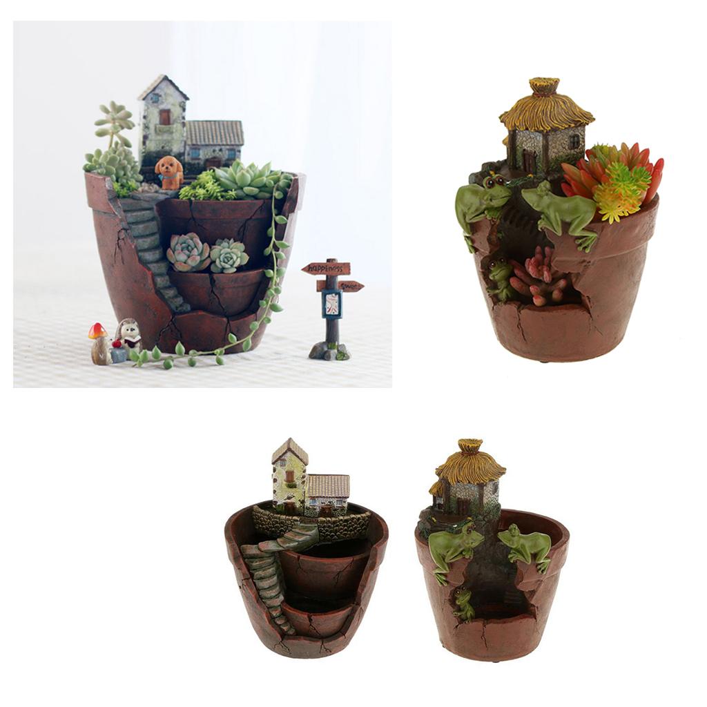 2 Pieces Resin House Succulent Plant Flower Bed Pot Garden Planter Dollhouse