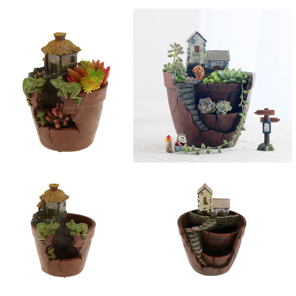 2 Pieces Resin House Succulent Plant Flower Bed Pot Garden Planter Dollhouse