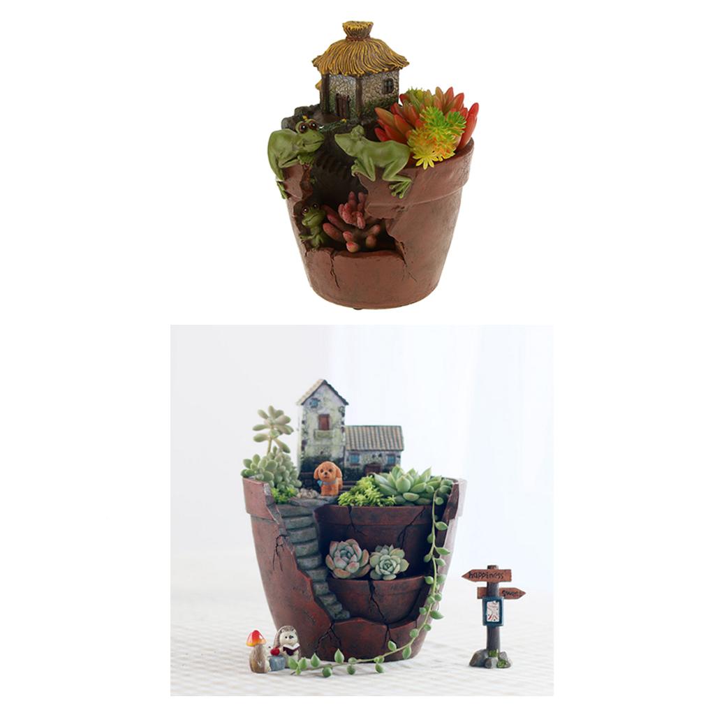 2 Pieces Resin House Succulent Plant Flower Bed Pot Garden Planter Dollhouse
