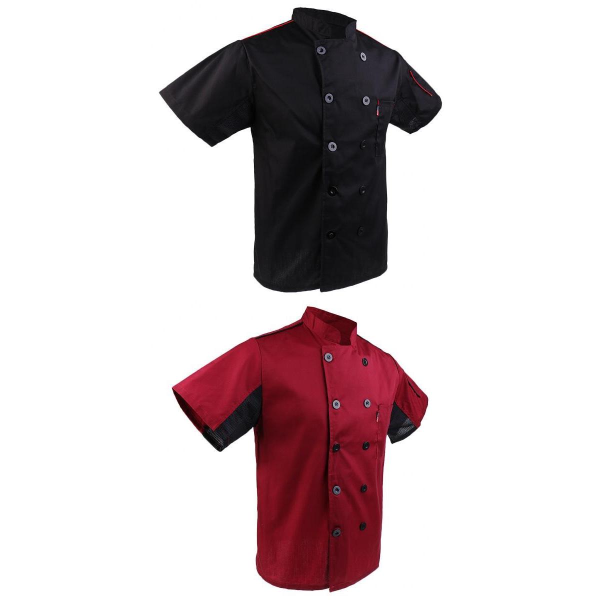 2 Chef Jacket Coat Uniforms Short Sleeves Unisex Black & Wine Red XL