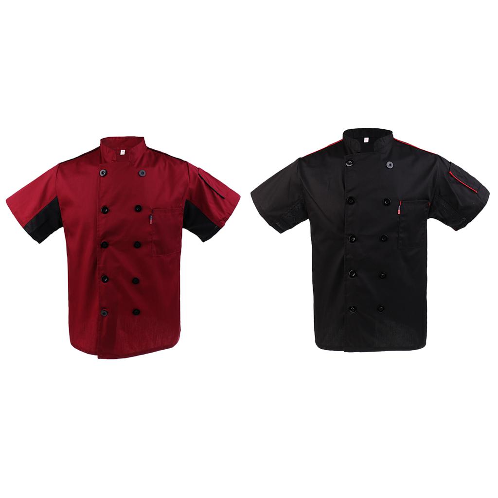 2 Chef Jacket Coat Uniforms Short Sleeves Unisex Black & Wine Red XL